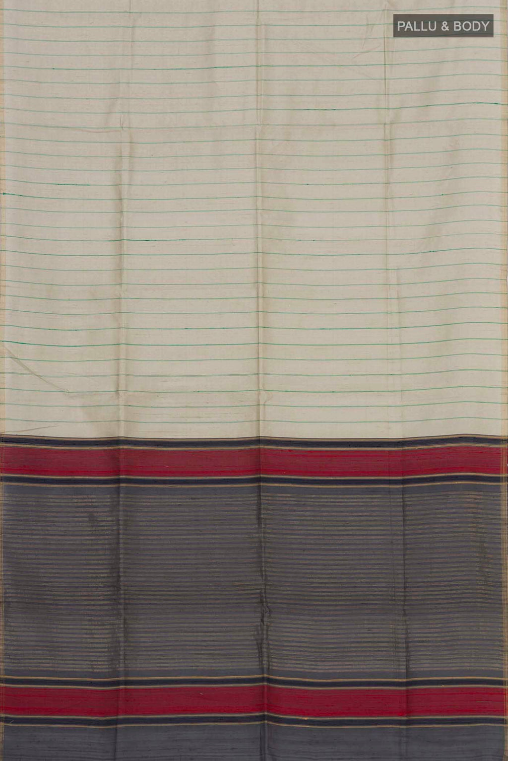 Flat view of Sage Green Raw Silk Saree with Stripes on the body and Zari Border. 
