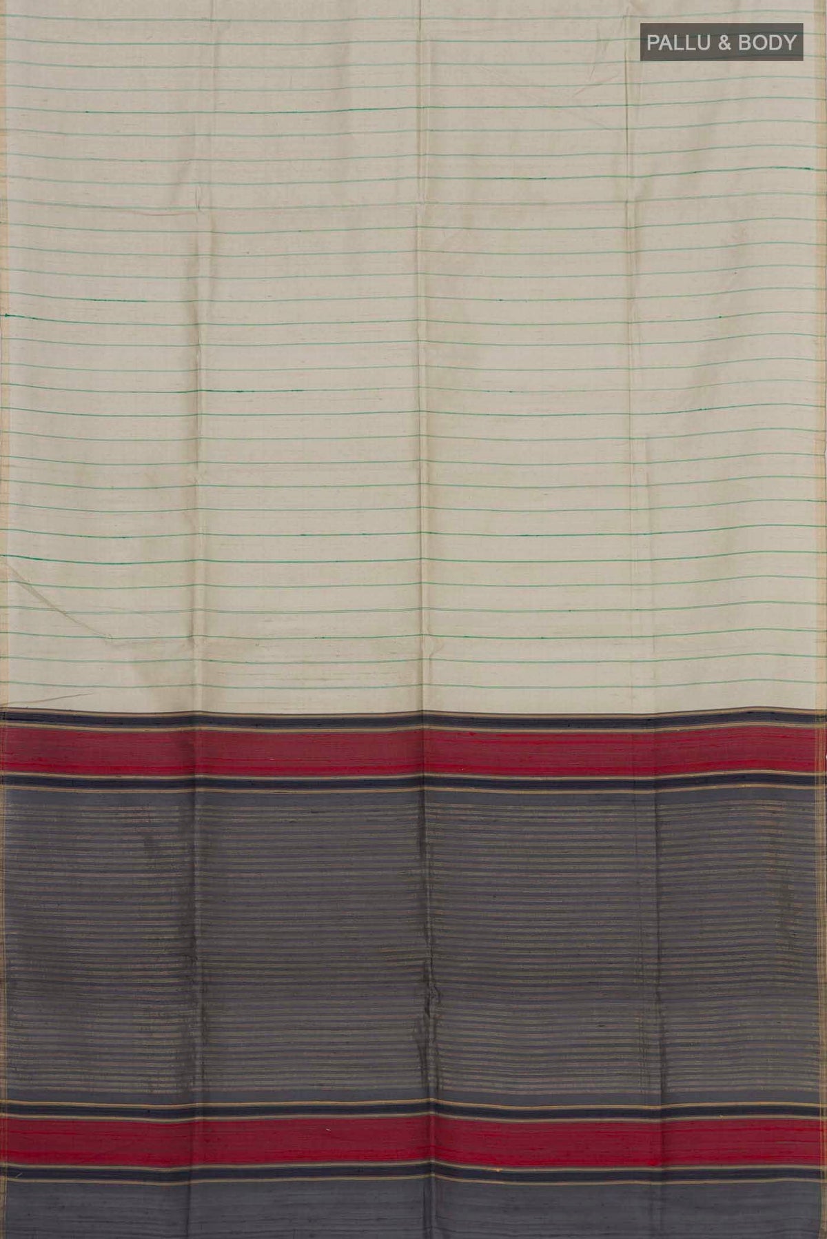 Flat view of Sage Green Raw Silk Saree with Stripes on the body and Zari Border. 