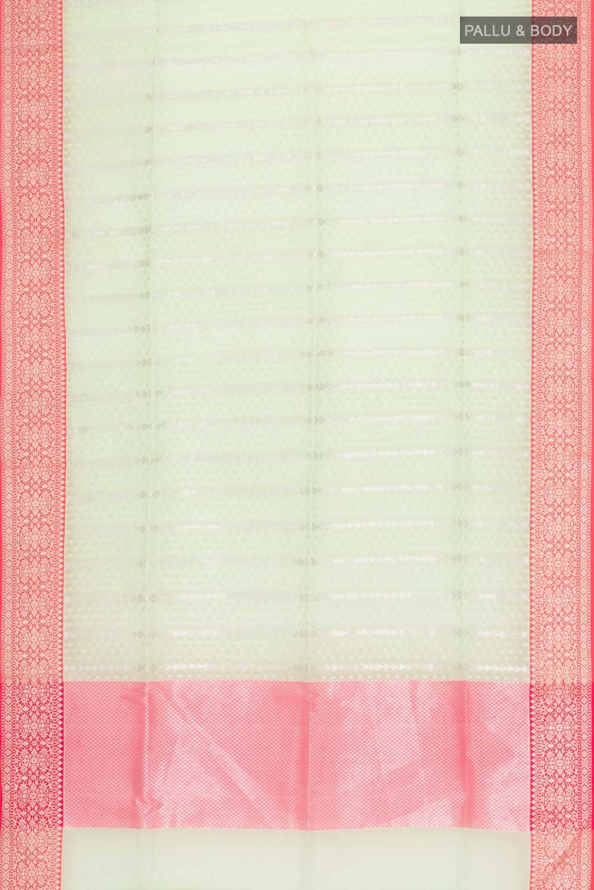 Flat view of Green Blended Kora Cotton Saree with Zari Butta on the body and Zari Border. 