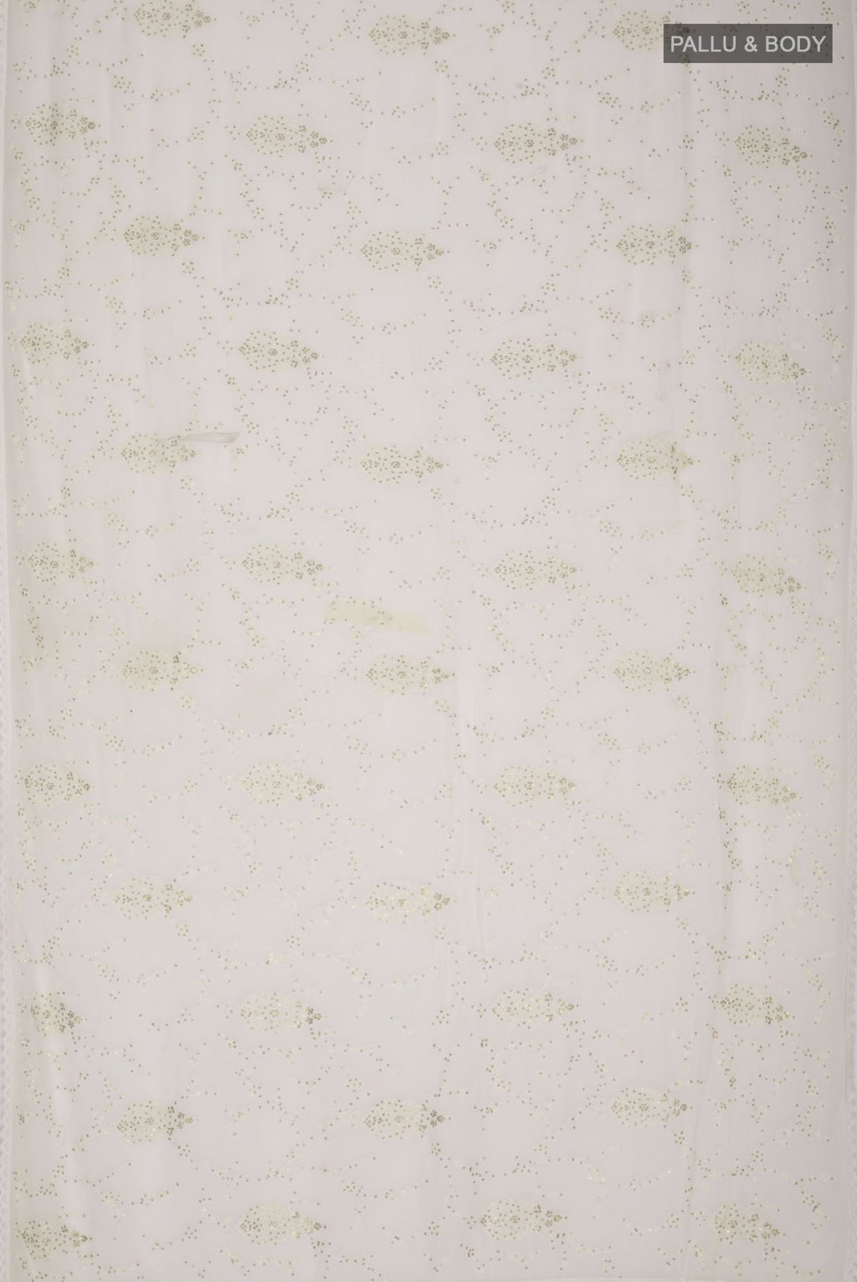 Flat view of Cream Blended Chiffon Saree with Embroidery on the body and Lace Border. 