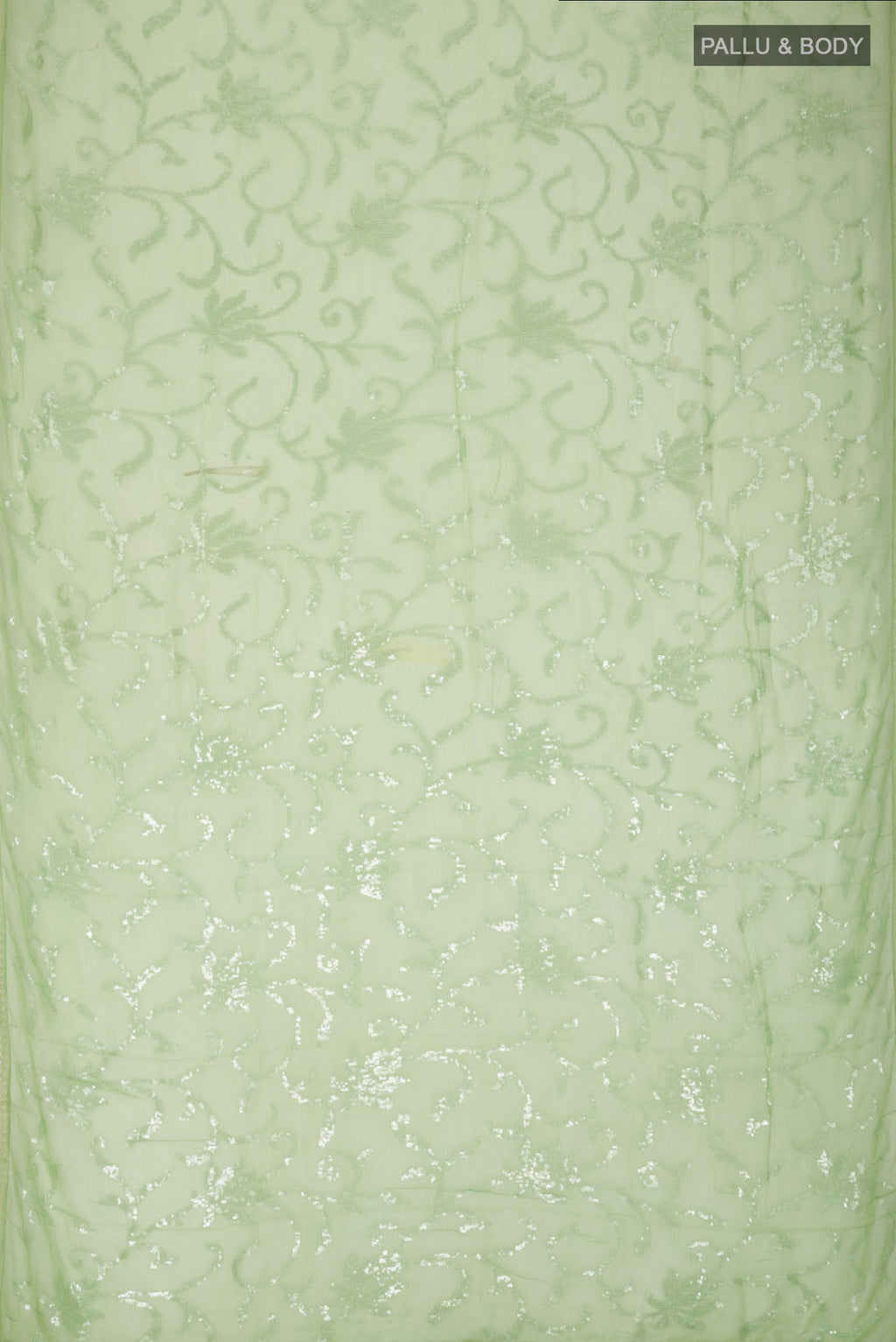 Flat view of Green Blended Chiffon Saree with Embroidery on the body and Lace Border. 