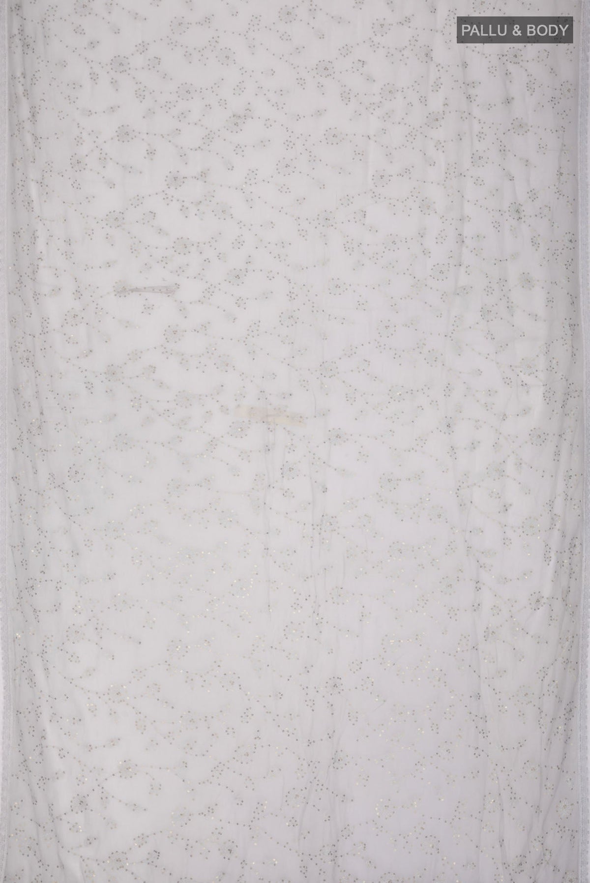 Flat view of Grey Blended Chiffon Saree with Embroidery on the body and Lace Border. 