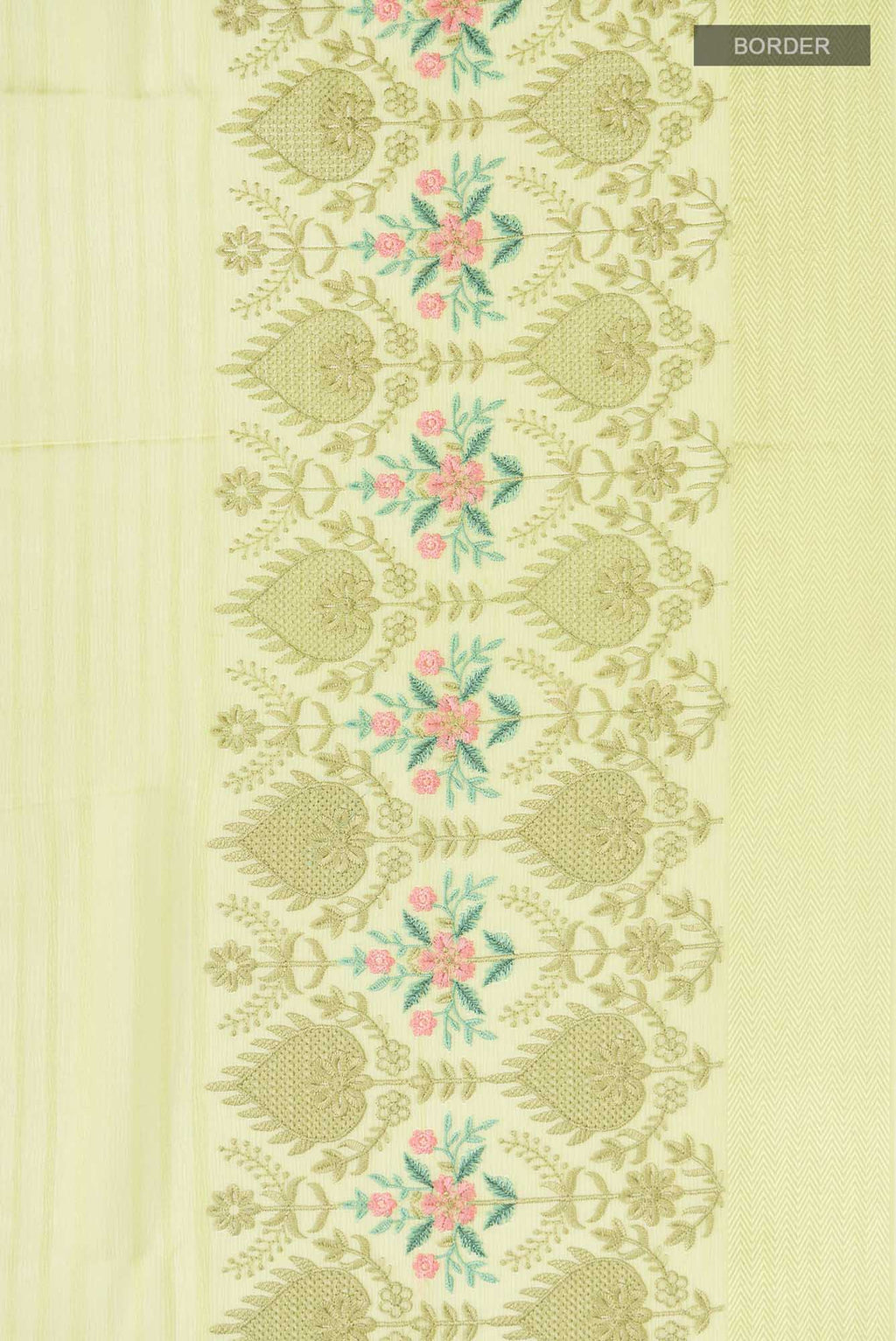 Border image of Green Mysore Chiffon Saree with Stripes on the body and Embroidery Border. 