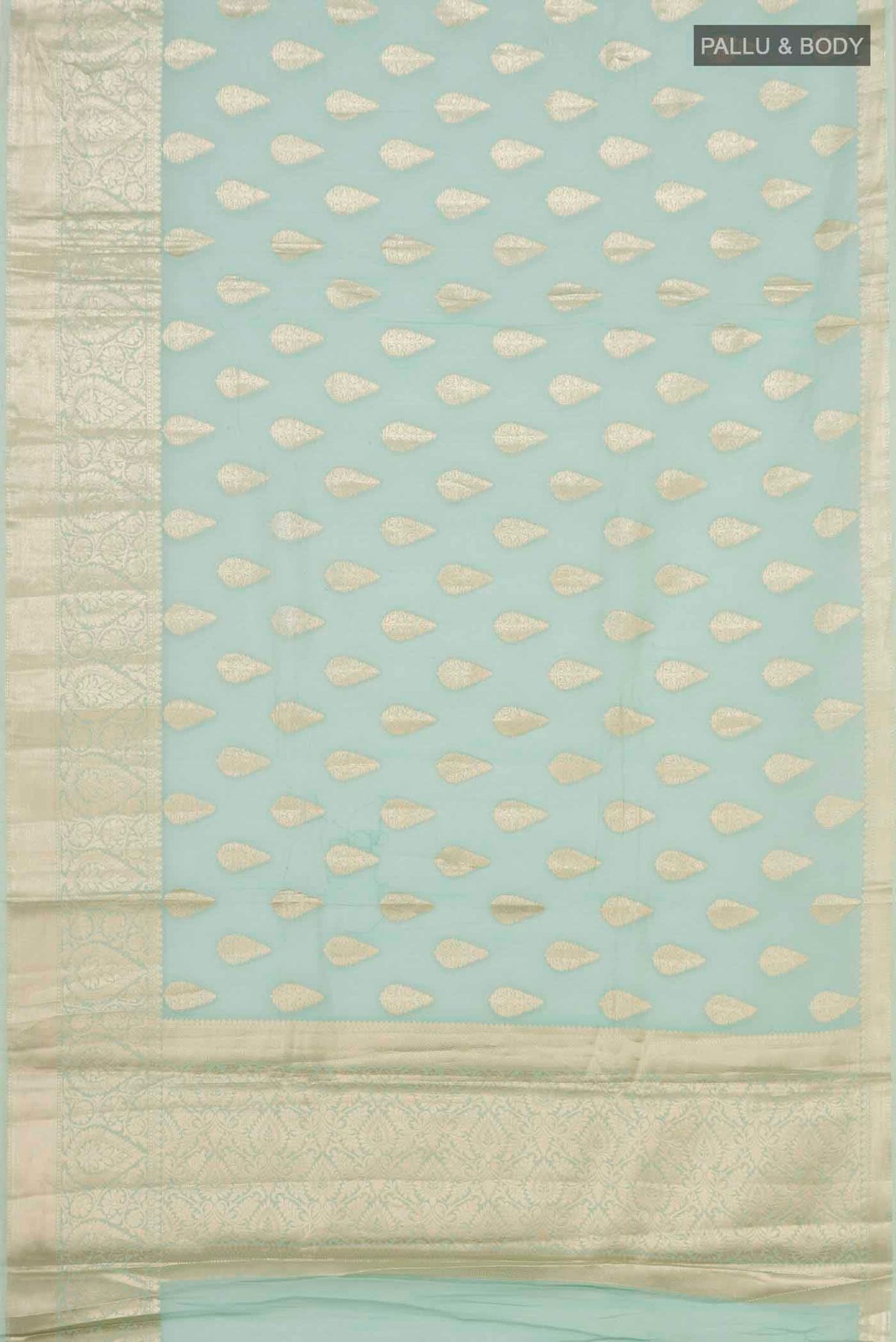 Flat view of Mint Green Blended Silk Cotton Saree with Zari Butta on the body and Zari Border. 
