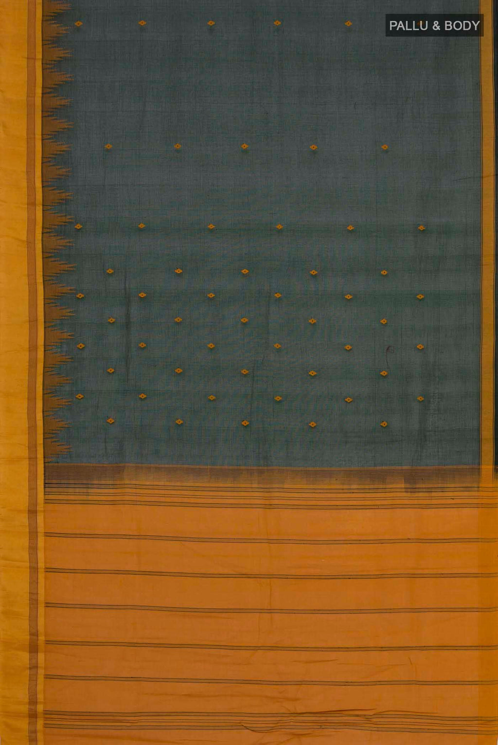Flat view of Green Kanchi Cotton Saree with Thread Butta on the body and Silk Border. 