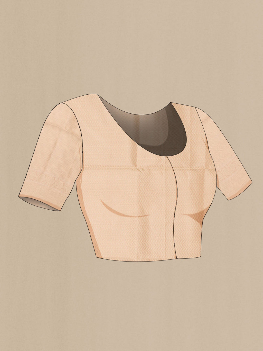 Close up image of the blouse of Rose Gold Blended Kora Cotton Saree with Zari And Thread Butta on the body and Zari Border. 