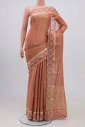 Peach Mysore Georgette Saree with Zari Brocade on the body and Zari Border.  displayed on a mannequin