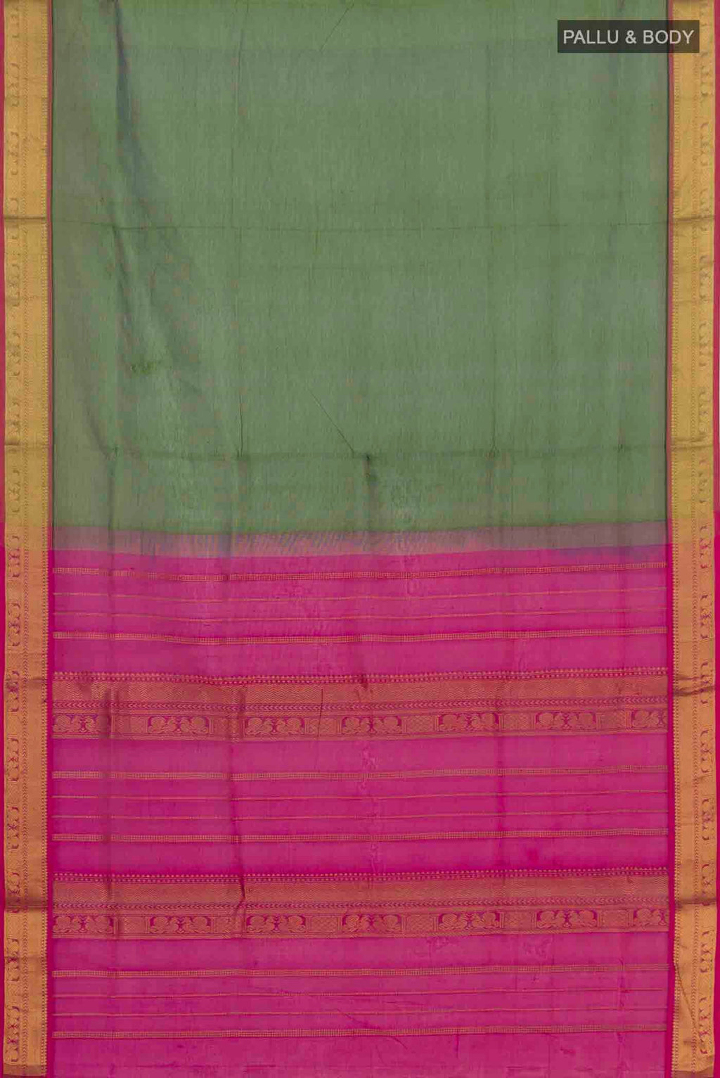 Flat view of Green Silk Cotton Saree with Plain Body and Zari Border. 