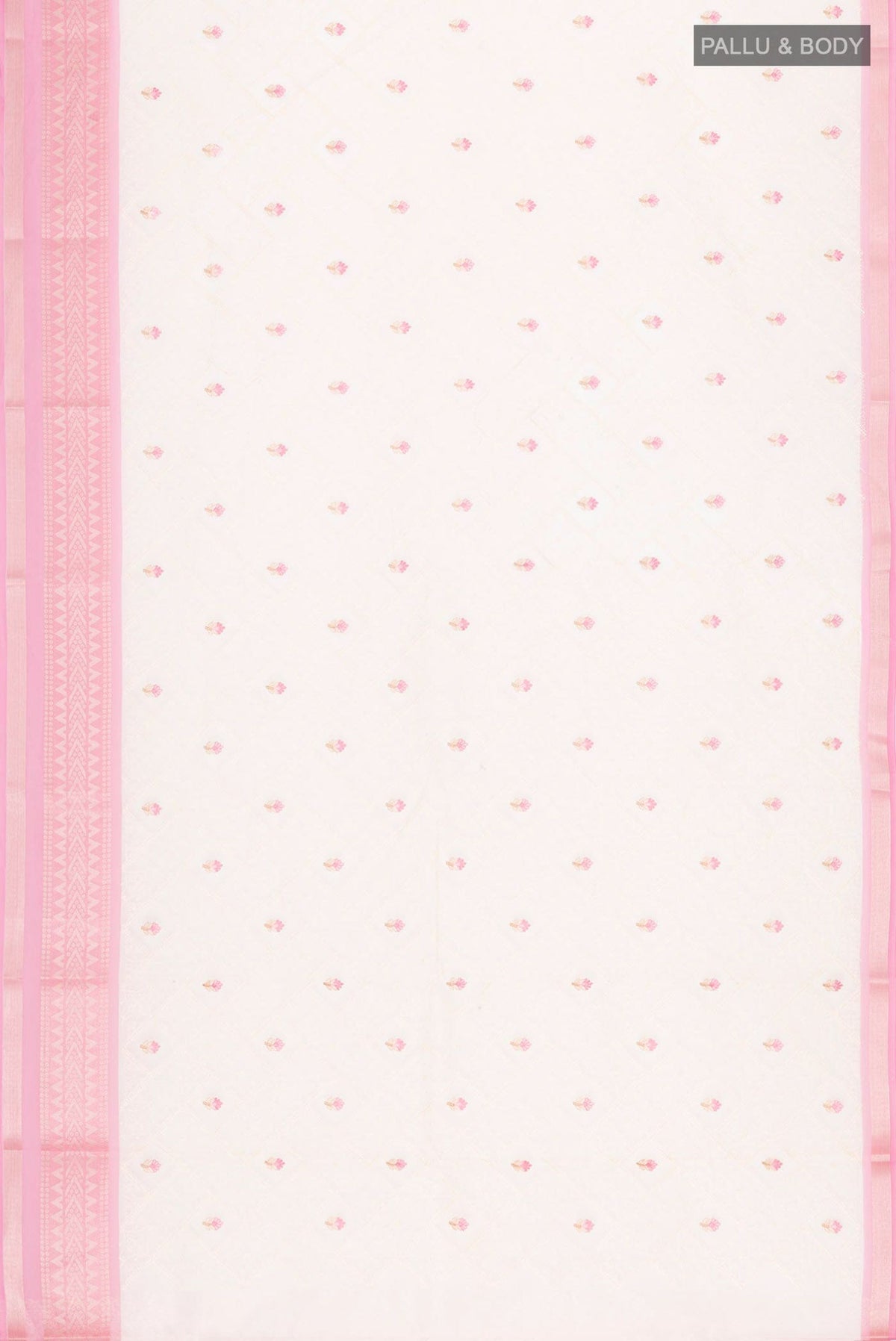 Flat view of Cream Blended Kora Cotton Saree with Embroidery on the body and Zari Border. 