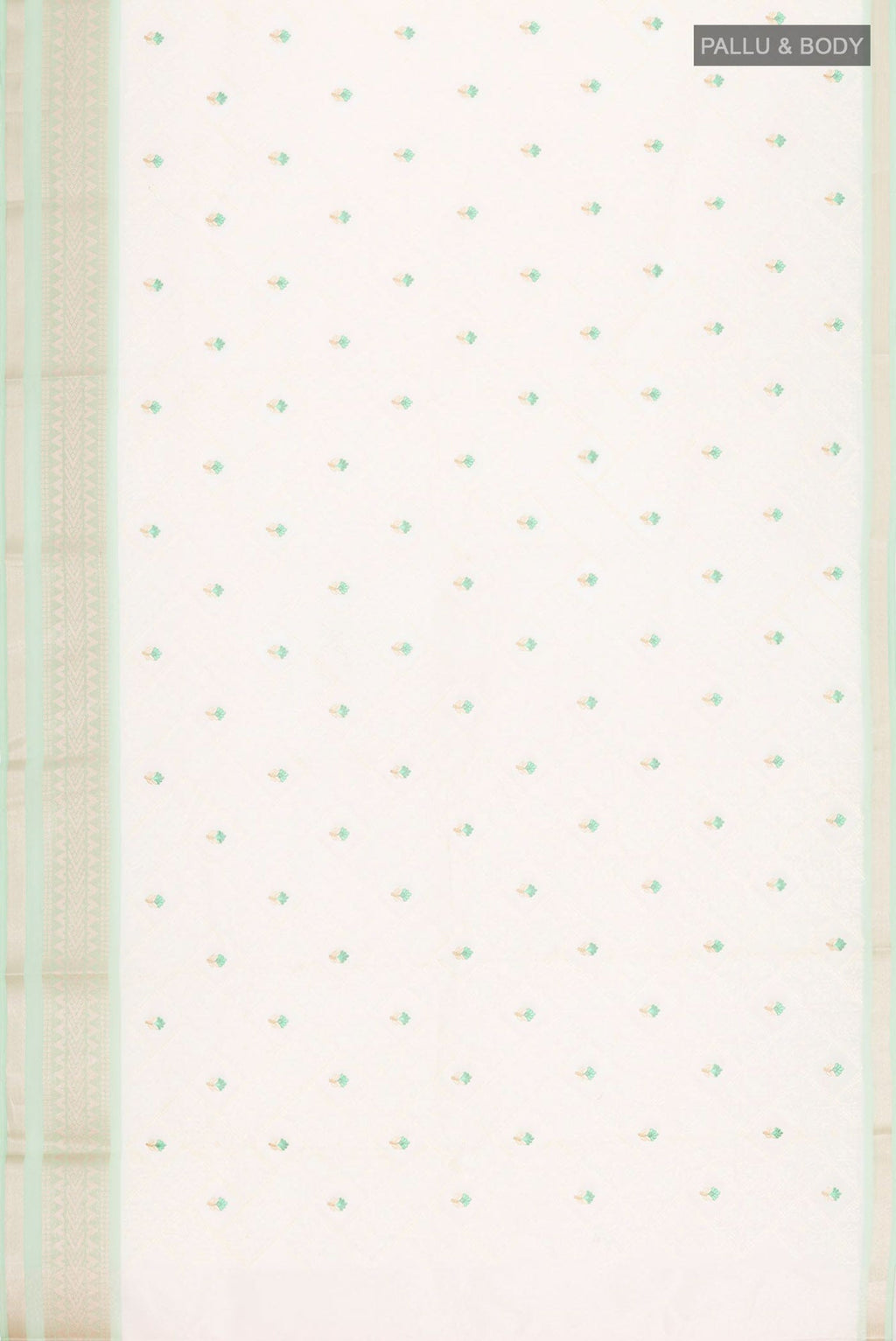 Flat view of Cream Blended Kora Cotton Saree with Embroidery on the body and Zari Border. 