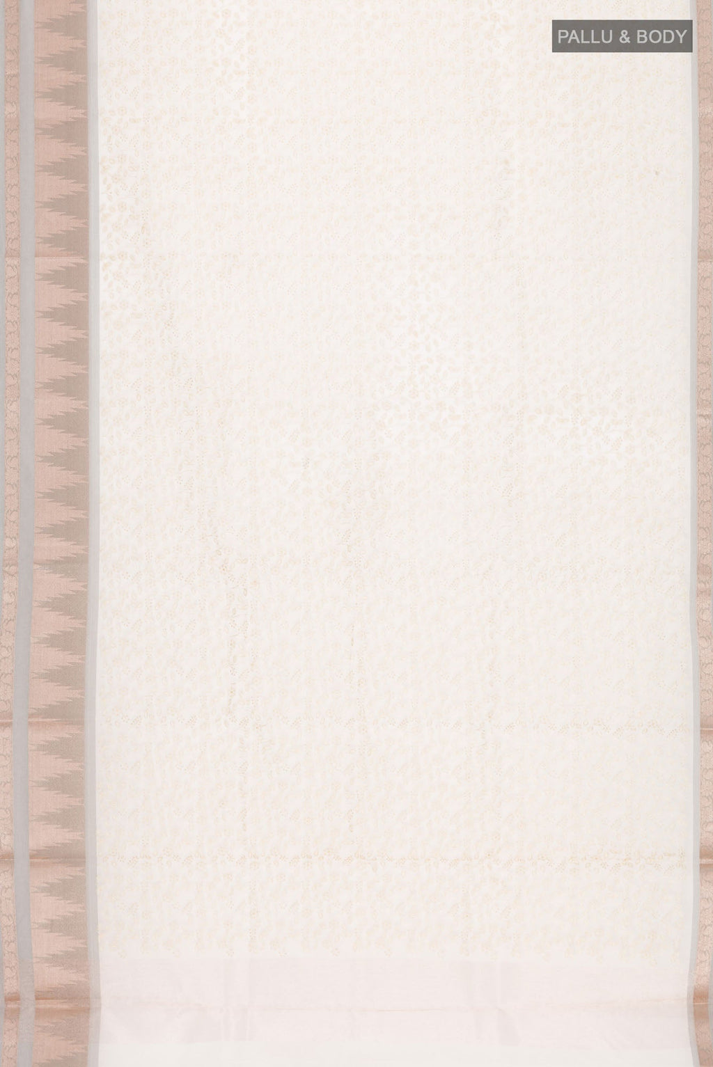 Flat view of Cream Blended Kora Cotton Saree with Embroidery on the body and Zari And Thread Border. 