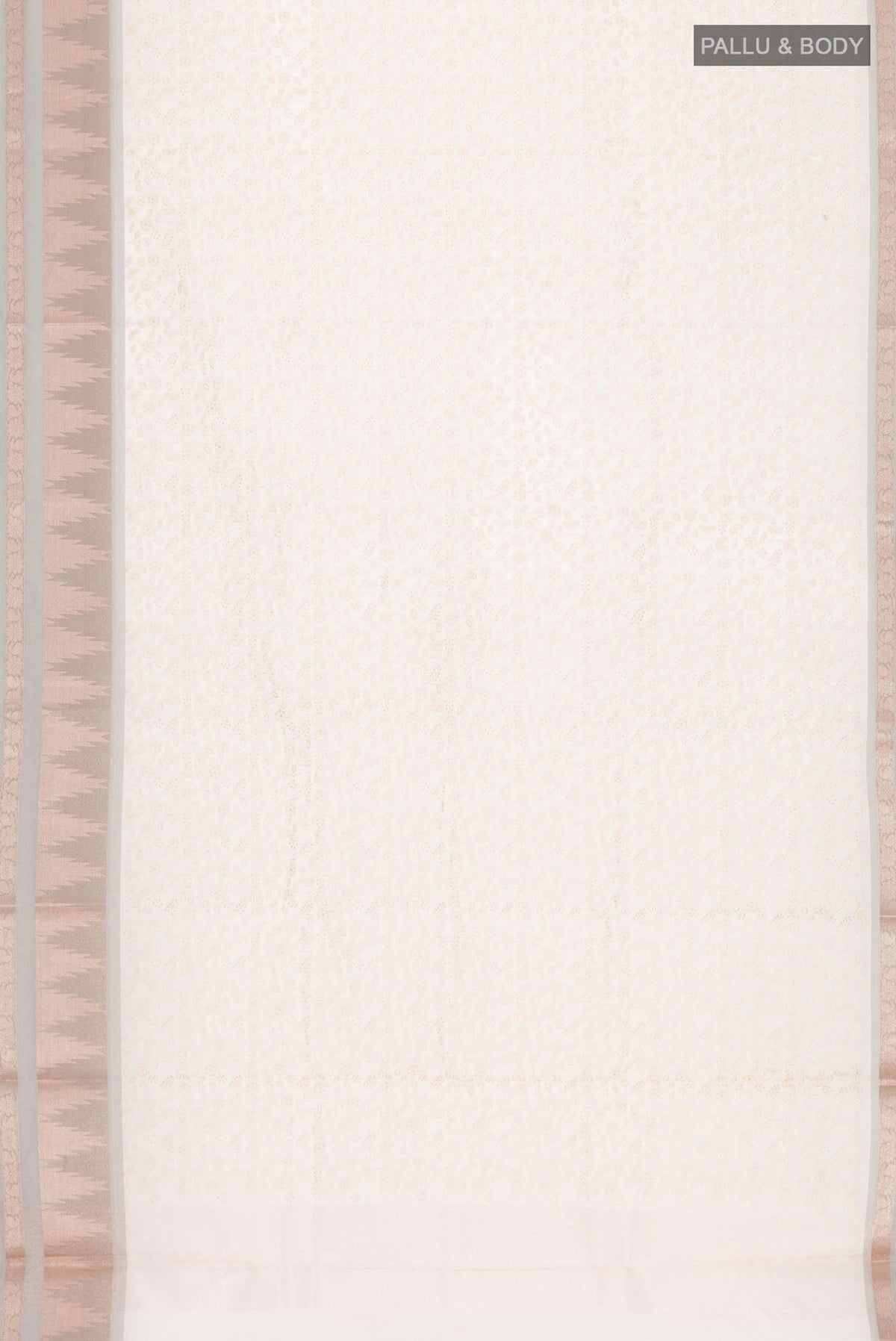 Flat view of Cream Blended Kora Cotton Saree with Embroidery on the body and Zari And Thread Border. 