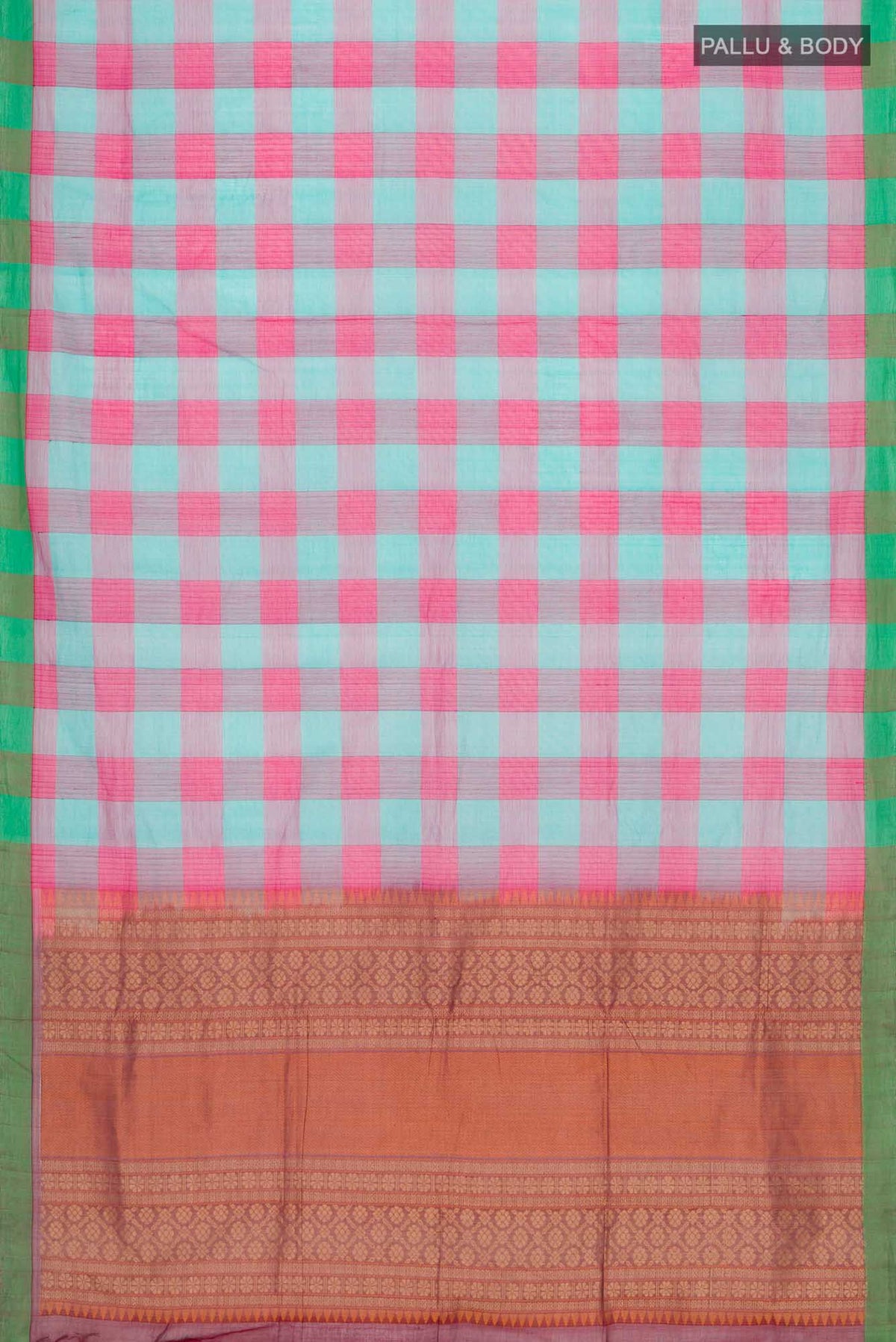 Flat view of Multi Color Coimbatore Cotton Saree with Checked design on the body and Plain Border. 