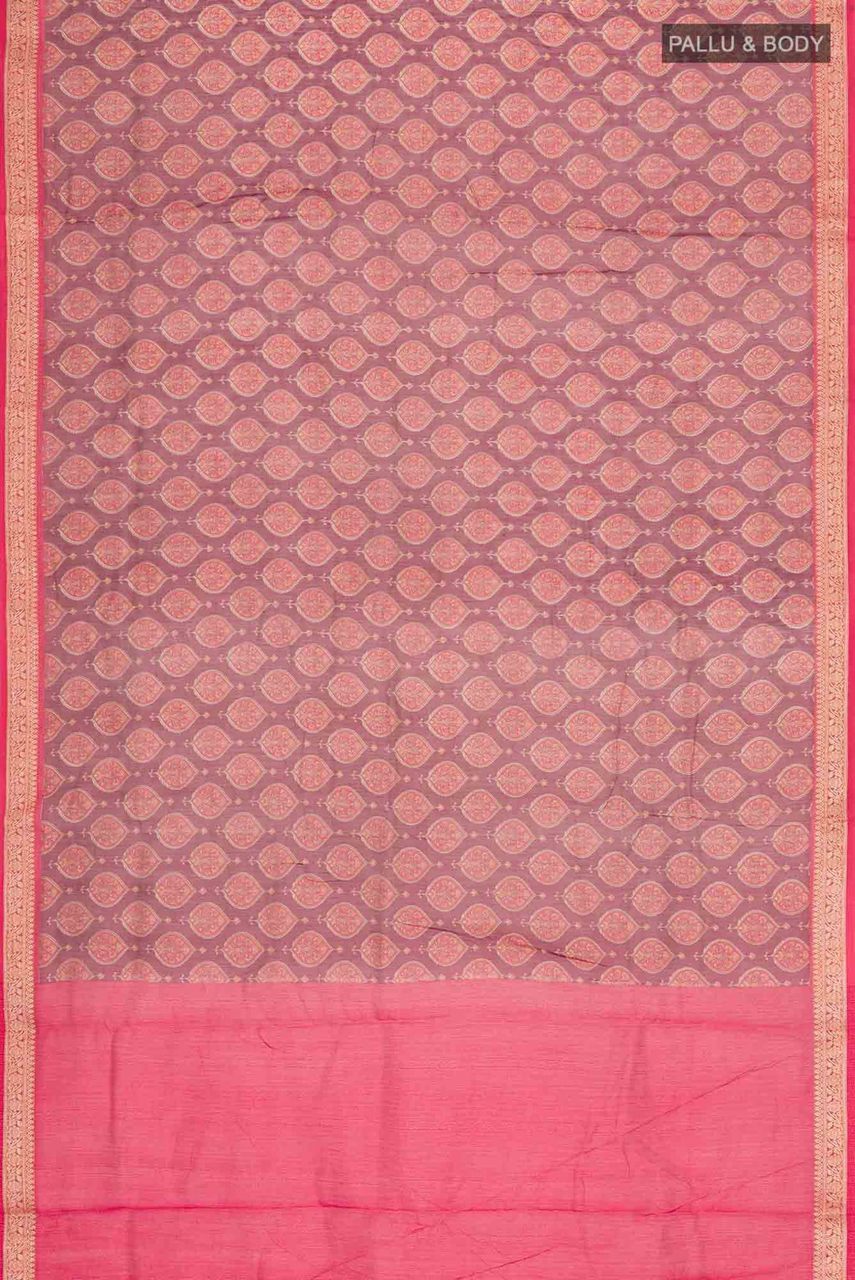 Flat view of Maroon Silk Cotton Saree with Floral Print on the body and Zari Border. 