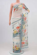 Blue Blended Georgette Saree with Printed design on the body and Printed Border.  displayed on a mannequin
