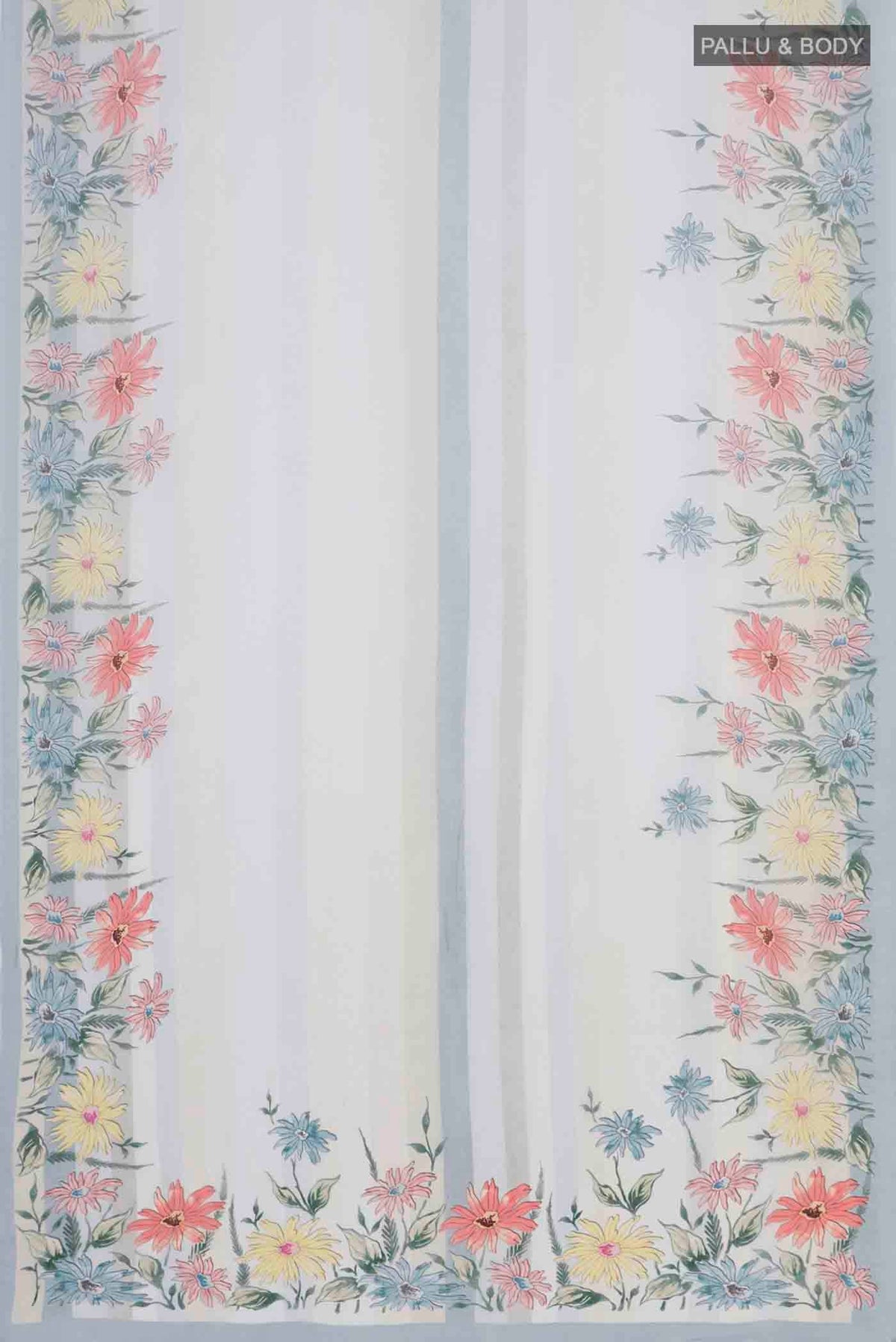 Flat view of Blue Blended Georgette Saree with Printed design on the body and Printed Border. 