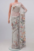 Off White Blended Georgette Saree with Stripes on the body and Plain Border.  displayed on a mannequin