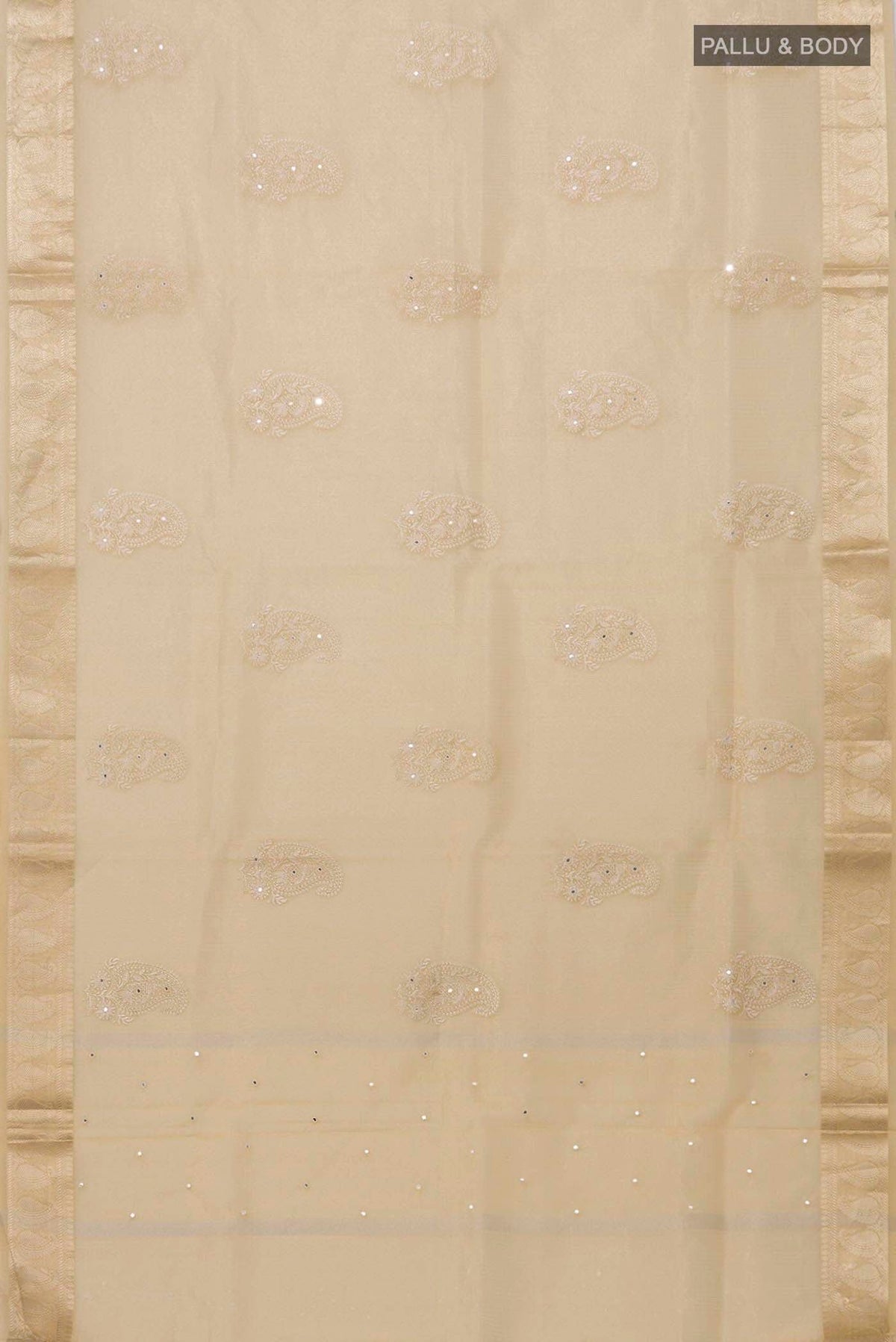 Flat view of Sandal Blended Kota Silk Saree with Embroidery on the body and Zari Border. 
