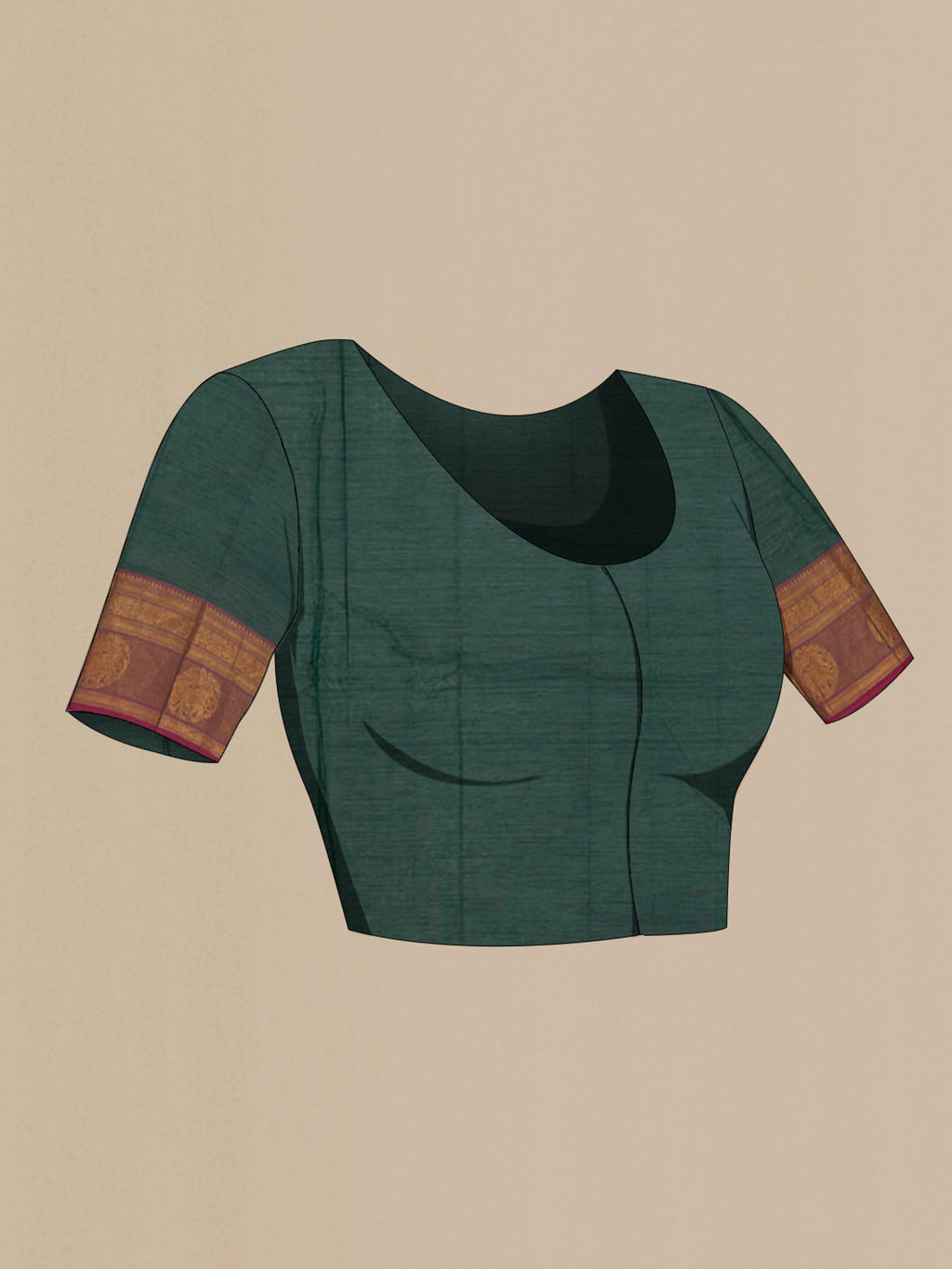 Close up image of the blouse of Green Kanchi Cotton Saree with Plain Body and Zari Border. 