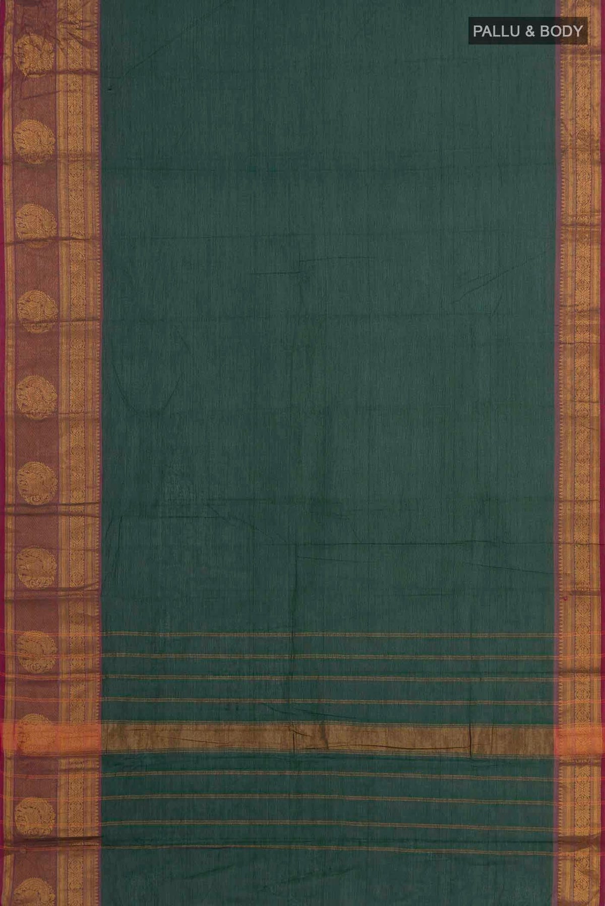 Flat view of Green Kanchi Cotton Saree with Plain Body and Zari Border. 