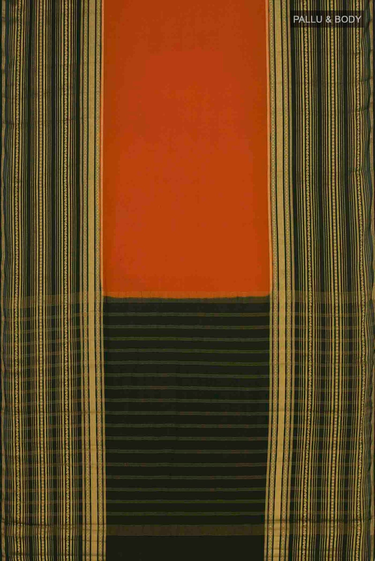 Flat view of Orange Blended Crepe Saree with Plain Body and Zari Border. 