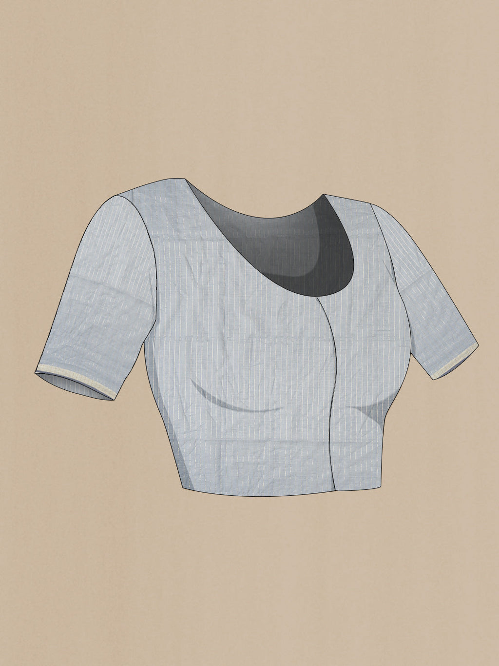 Close up image of the blouse of Grey Bengal Cotton Saree with Jamdani on the body and Zari Border