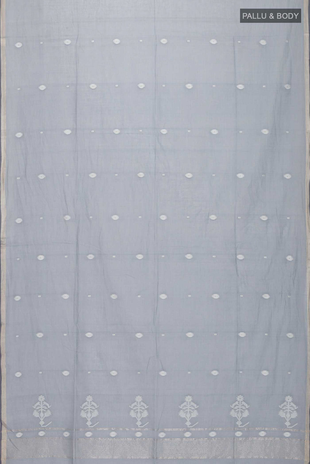 Flat view of Grey Bengal Cotton Saree with Jamdani on the body and Zari Border