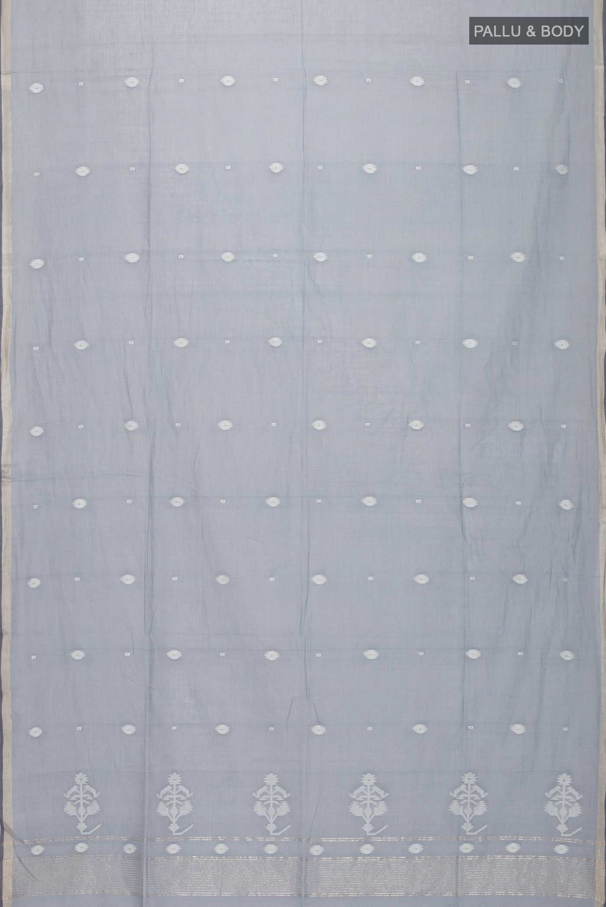 Flat view of Grey Bengal Cotton Saree with Jamdani on the body and Zari Border