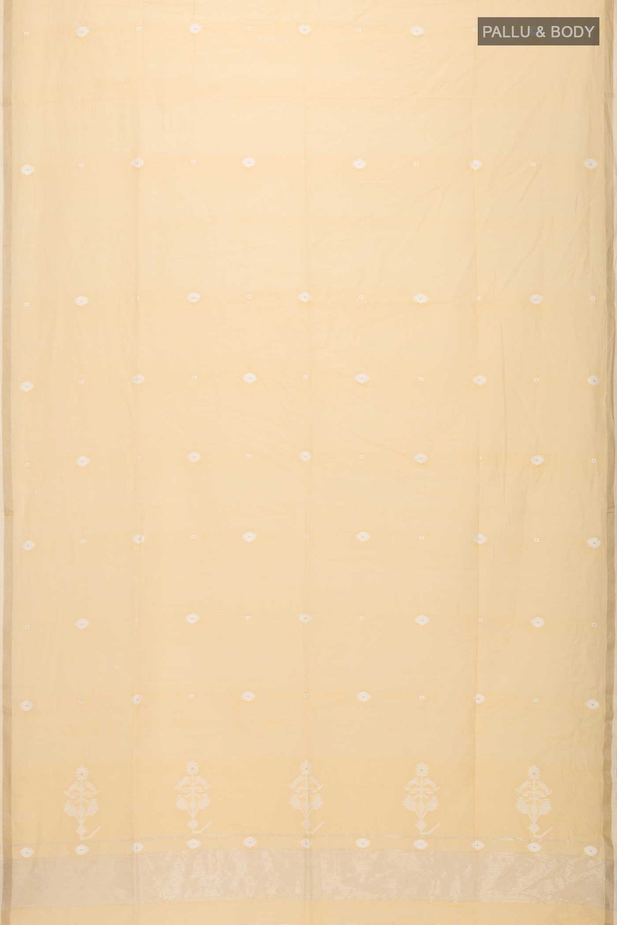 Flat view of Yellow Bengal Cotton Saree with Jamdani on the body and Zari Border