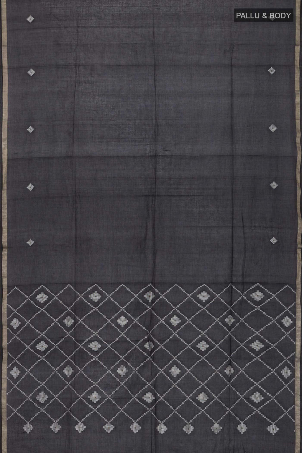 Flat view of Black Bengal Cotton Saree with Plain Body and Zari Border