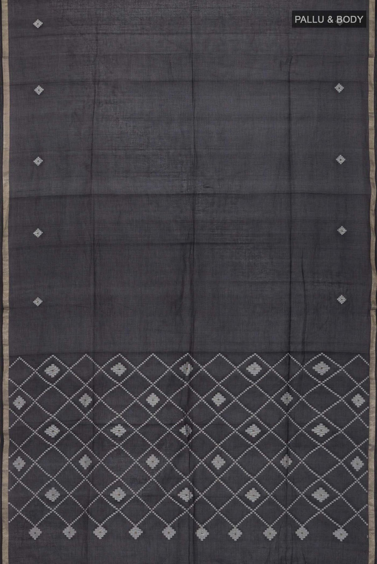 Flat view of Black Bengal Cotton Saree with Plain Body and Zari Border