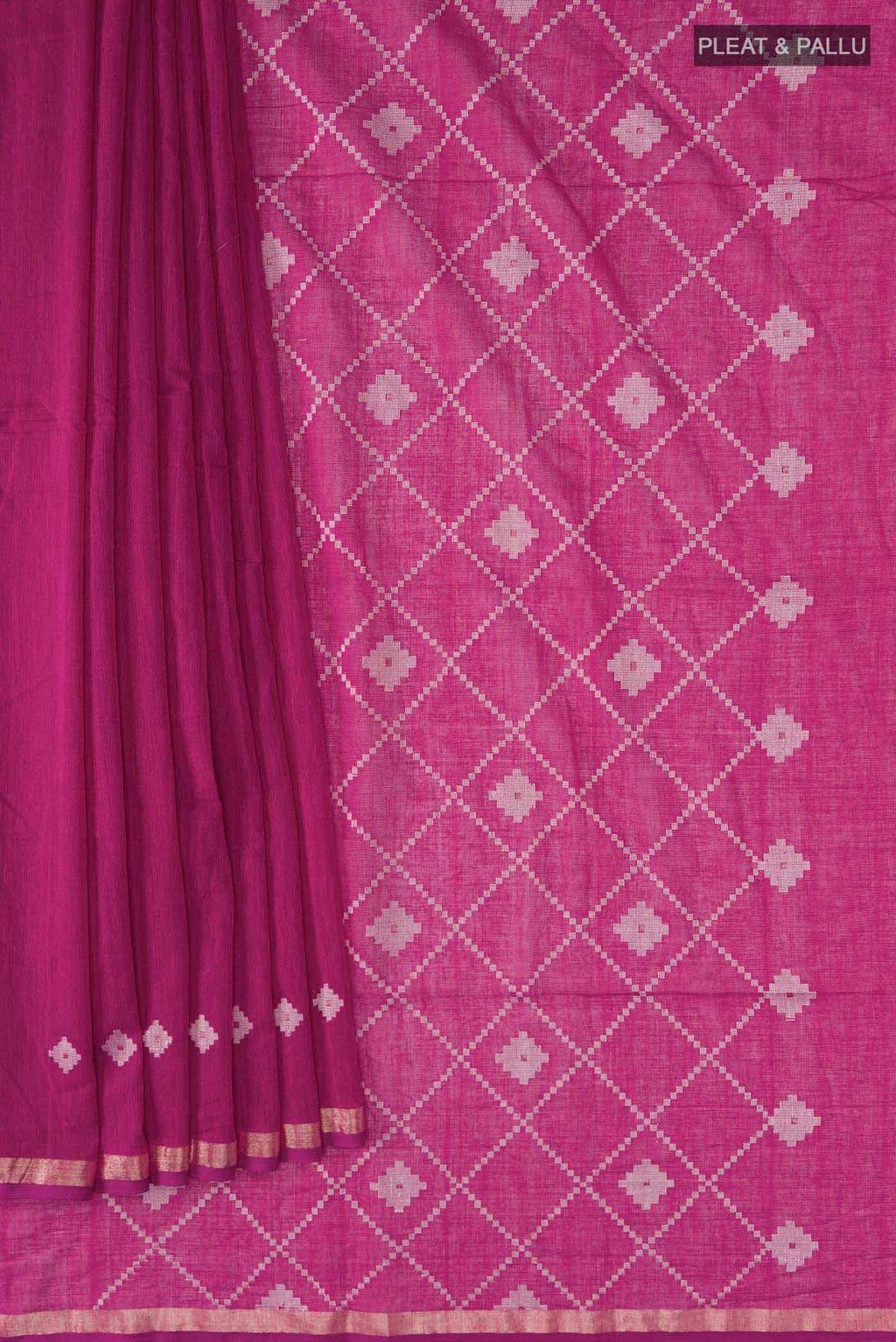 Pleats and pallu of Magenta Bengal Cotton Saree with Plain Body and Zari Border