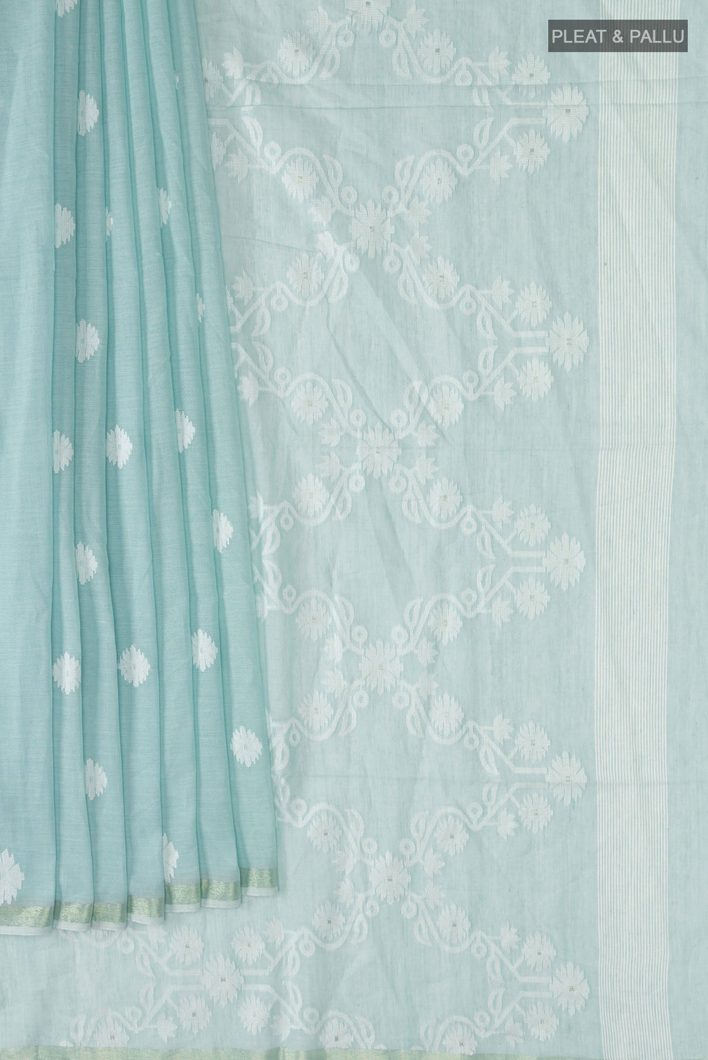 Pleats and pallu of Sea Green Bengal Cotton Saree with Thread Butta on the body and Zari Border