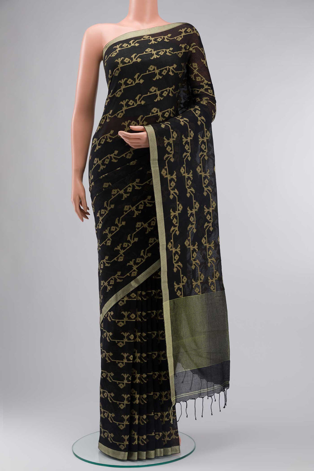 Black Bengal Cotton Saree with Jamdani on the body and Zari Border displayed on a mannequin