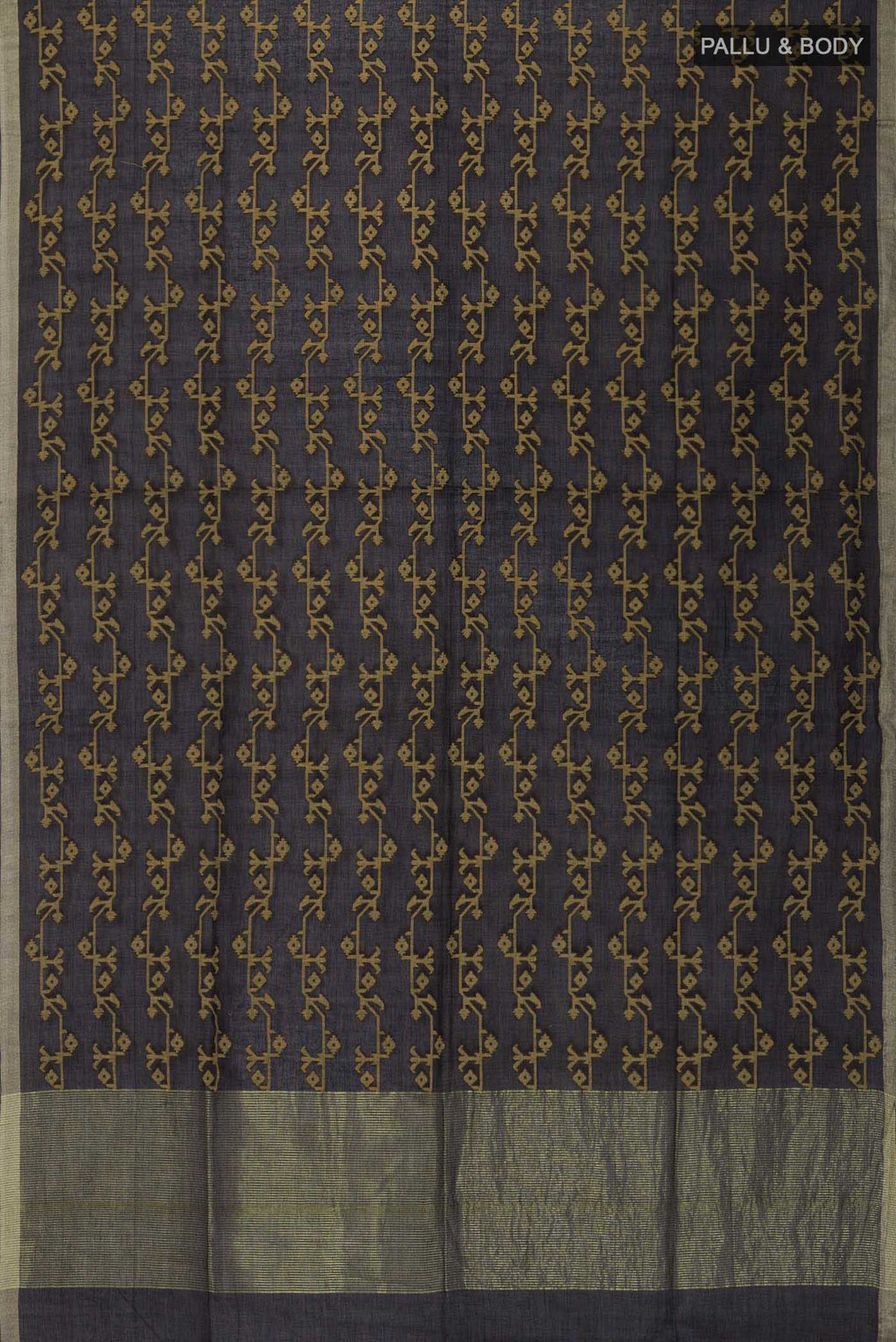 Flat view of Black Bengal Cotton Saree with Jamdani on the body and Zari Border