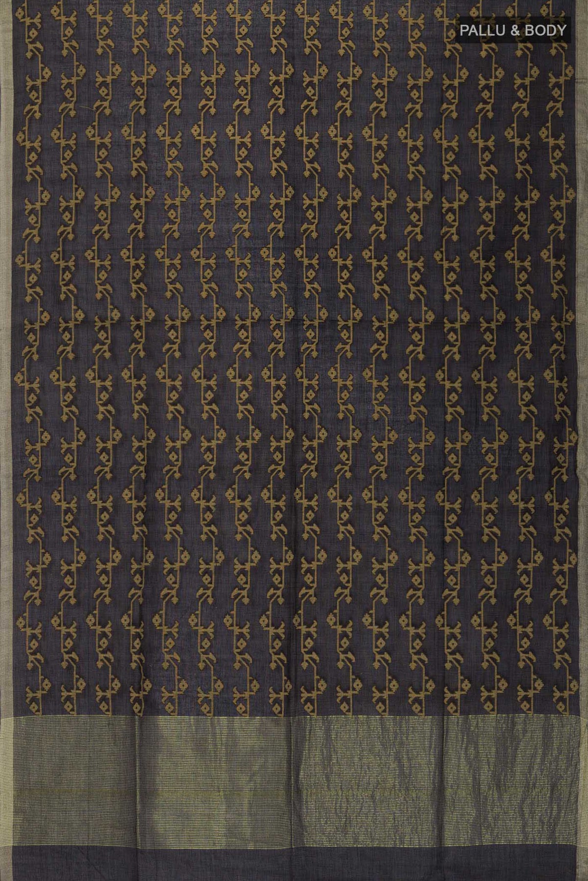 Flat view of Black Bengal Cotton Saree with Jamdani on the body and Zari Border