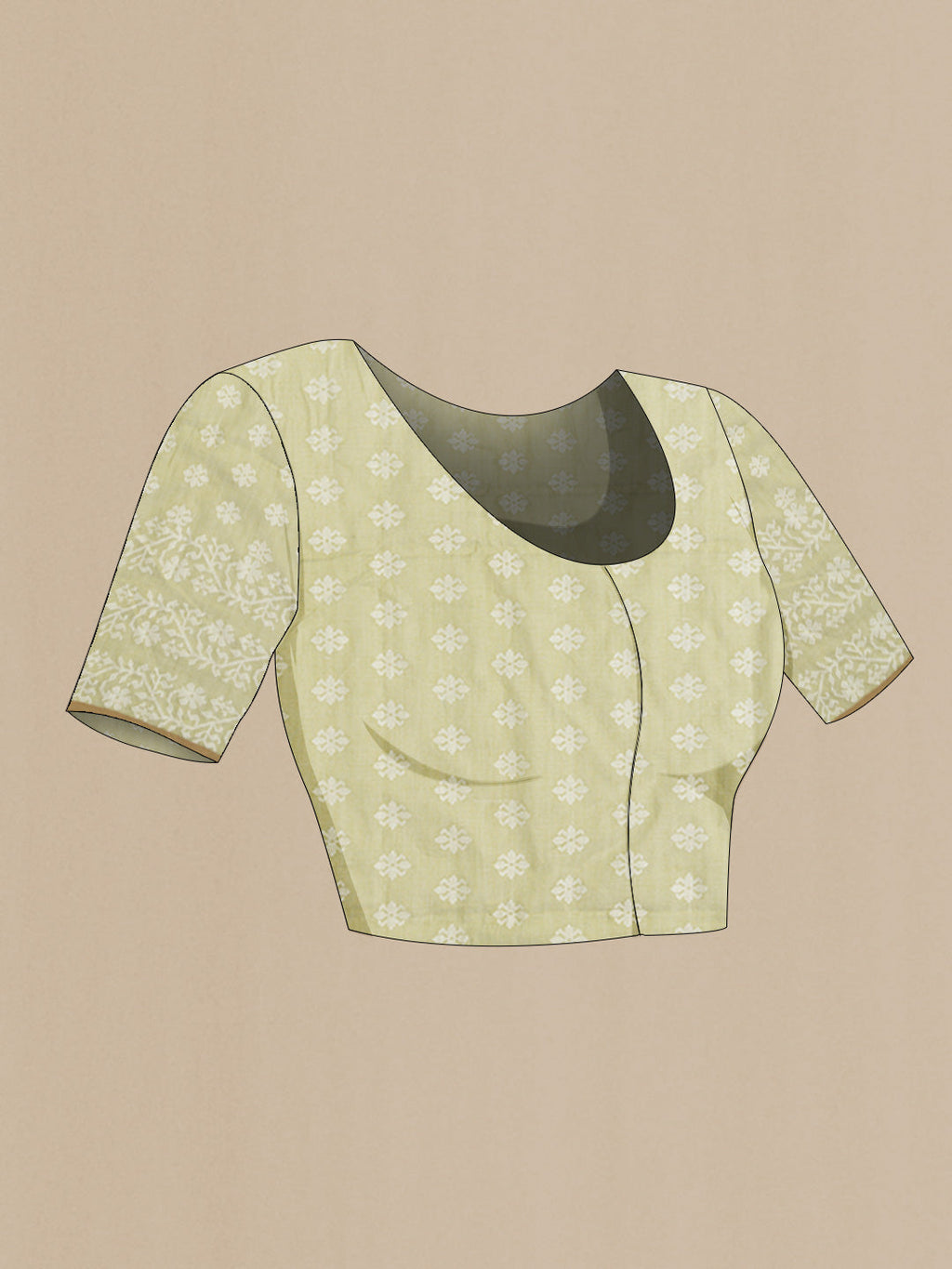 Close up image of the blouse of Light Green Bengal Cotton Saree with Jamdani on the body and Thread Border