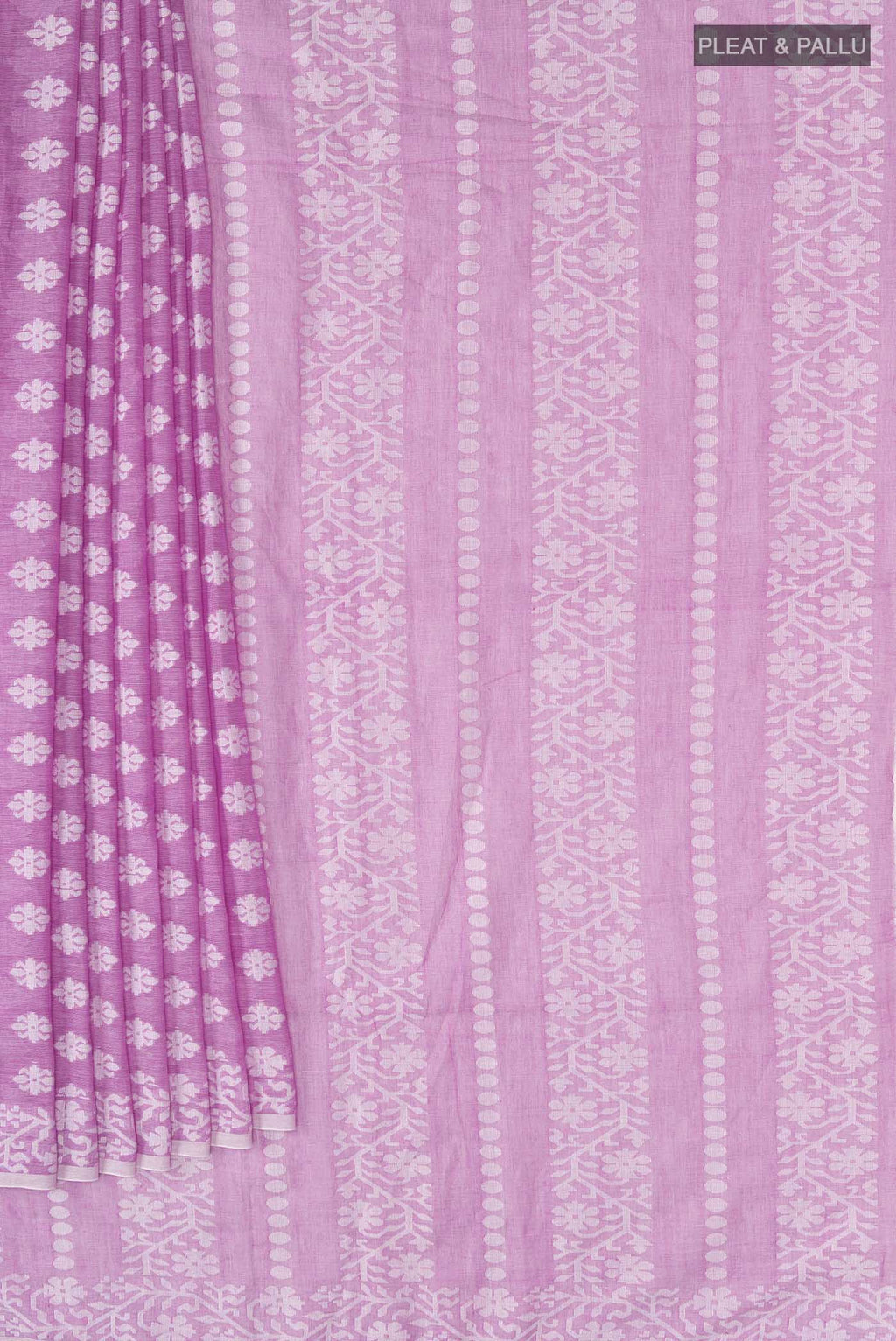 Pleats and pallu of Purple Bengal Cotton Saree with Jamdani on the body and Thread Border