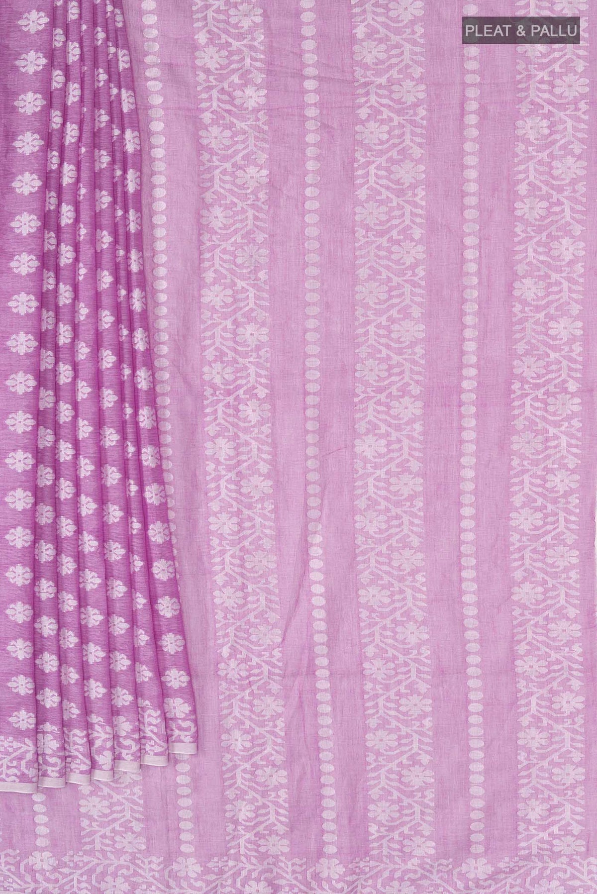 Pleats and pallu of Purple Bengal Cotton Saree with Jamdani on the body and Thread Border