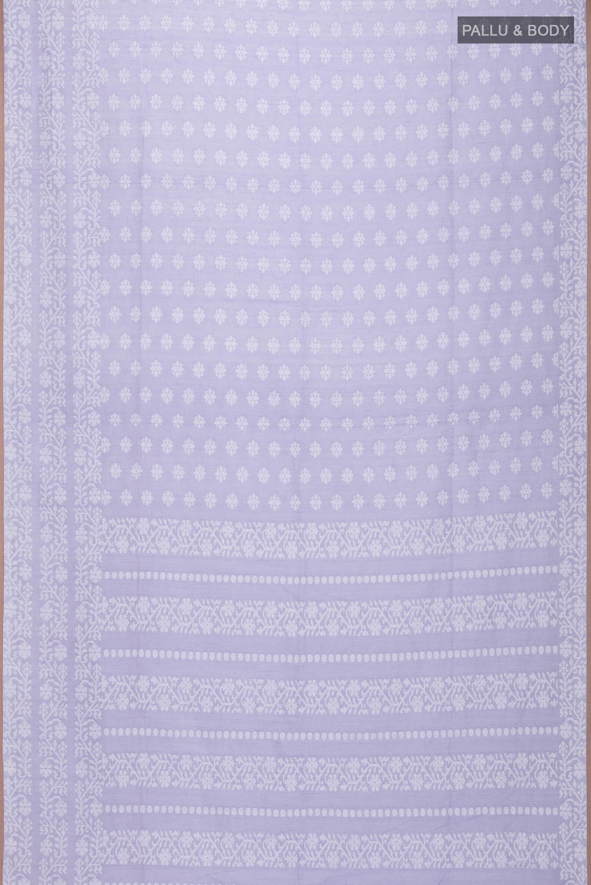 Flat view of Lavender Bengal Cotton Saree with Jamdani on the body and Thread Border