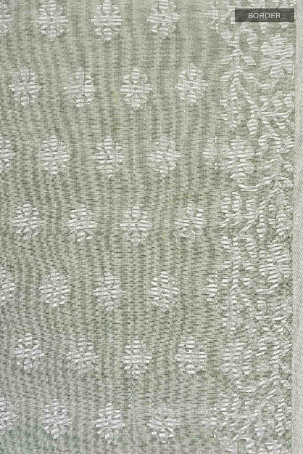 Border image of Olive Green Bengal Cotton Saree with Jamdani on the body and Thread Border