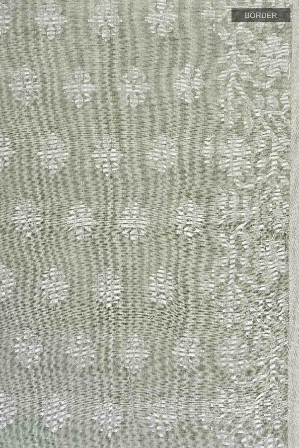 Border image of Olive Green Bengal Cotton Saree with Jamdani on the body and Thread Border
