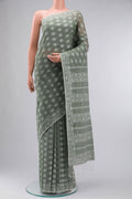 Olive Green Bengal Cotton Saree with Jamdani on the body and Thread Border displayed on a mannequin