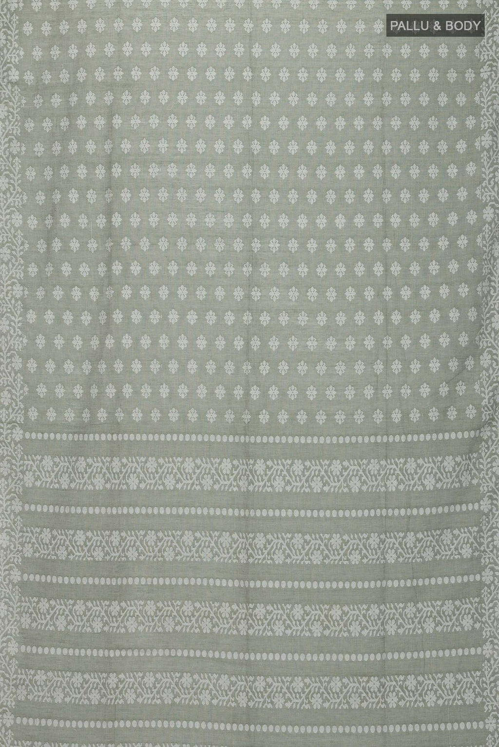 Flat view of Olive Green Bengal Cotton Saree with Jamdani on the body and Thread Border
