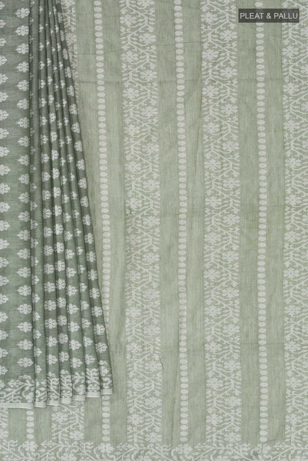 Pleats and pallu of Olive Green Bengal Cotton Saree with Jamdani on the body and Thread Border