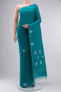 Teal Bengal Cotton Saree with Plain Body and Zari Border displayed on a mannequin