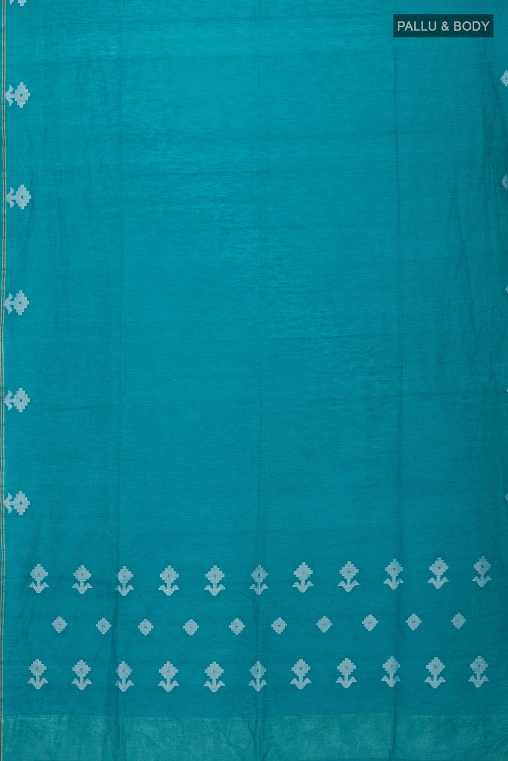 Flat view of Teal Bengal Cotton Saree with Plain Body and Zari Border