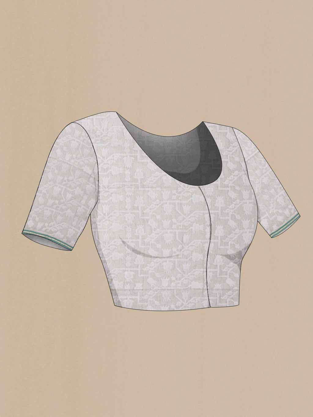 Close up image of the blouse of Grey Bengal Cotton Saree with Jamdani on the body and Plain Border
