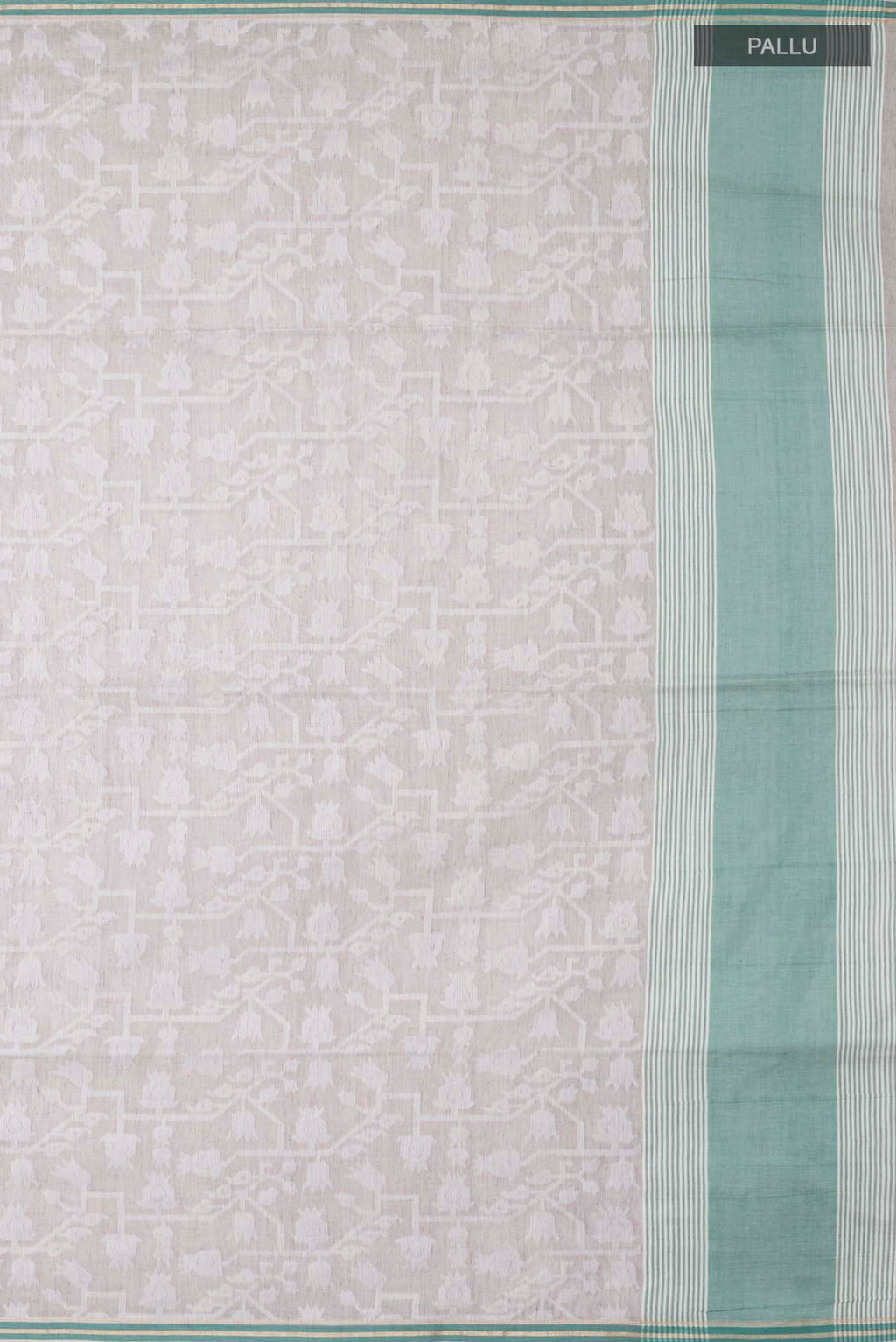Close up image of the pallu of Grey Bengal Cotton Saree with Jamdani on the body and Plain Border