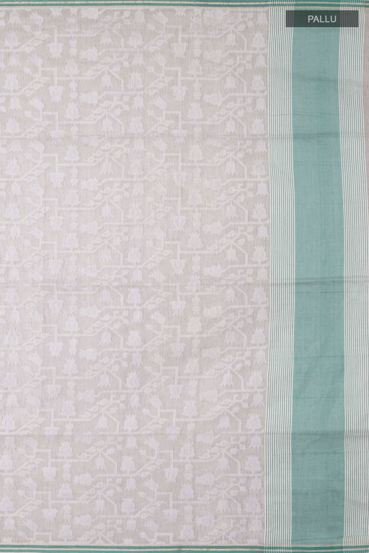 Close up image of the pallu of Grey Bengal Cotton Saree with Jamdani on the body and Plain Border